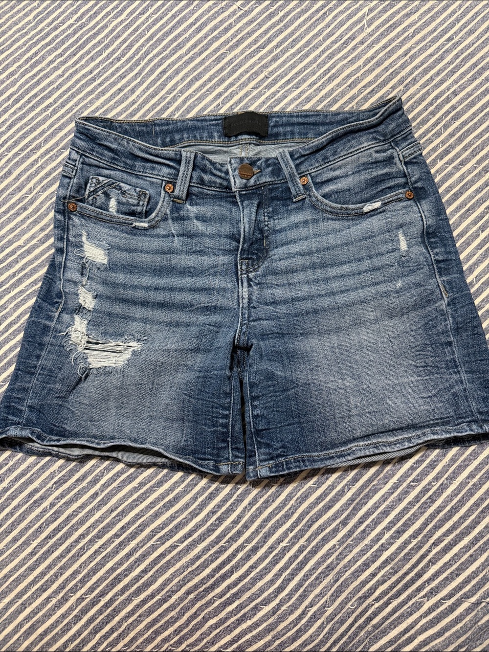 Buckle Distressed Dark Blue Denim Shorts